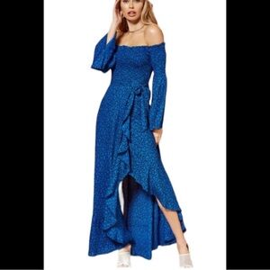 Band of Gypsies blue off the shoulder smocked maxi dress.